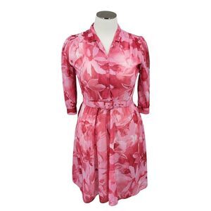 California Looks Vintage Pink Floral Belted Shirt Dress Women's Plus size 16P
